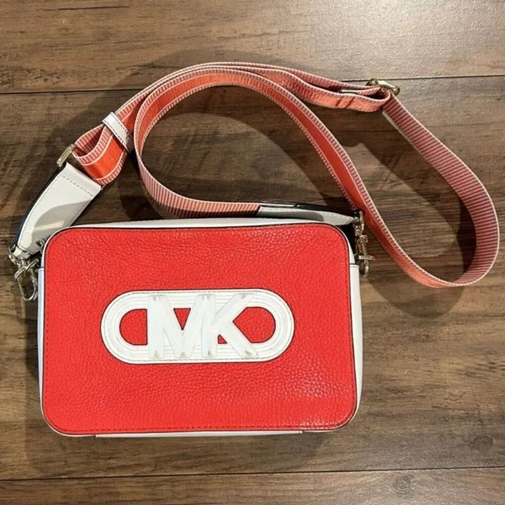 Michael Kors Rare Red/White Jet Set Camera Bag With Removable Guitar Strap